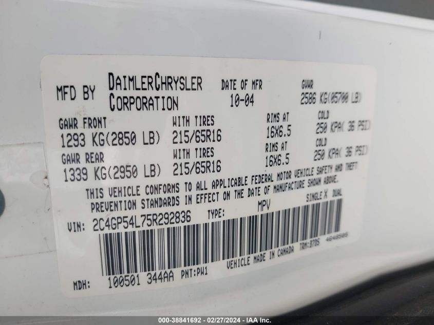 2005 Chrysler Town & Country Touring VIN: 2C4GP54L75R292836 Lot: 39661749