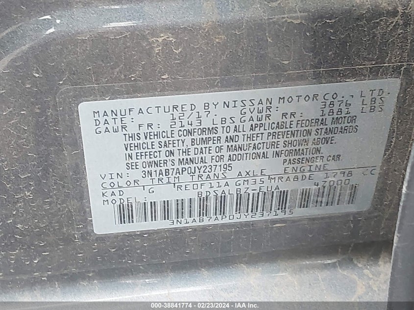VIN 3N1AB7AP0JY237195 2018 NISSAN SENTRA S