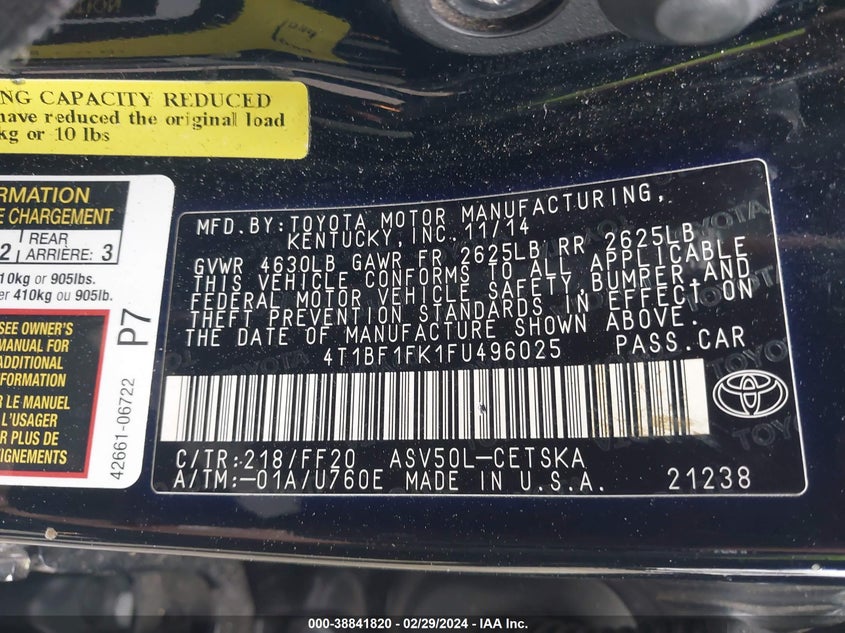 2015 TOYOTA CAMRY LE/XLE/SE/XSE - 4T1BF1FK1FU496025