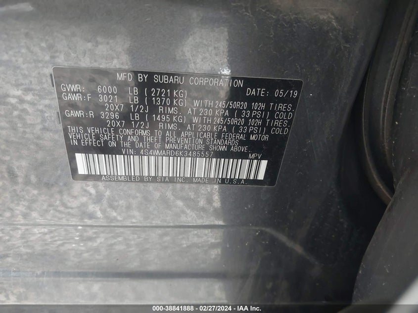 2019 SUBARU ASCENT TOURING - 4S4WMARD6K3485557