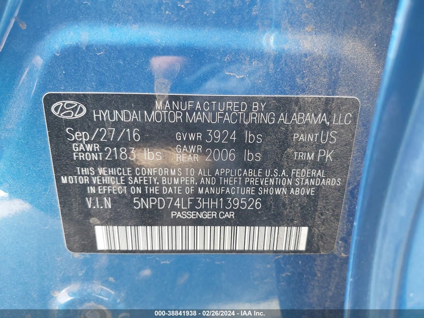 VIN 5NPD74LF3HH139526 2017 HYUNDAI ELANTRA SE