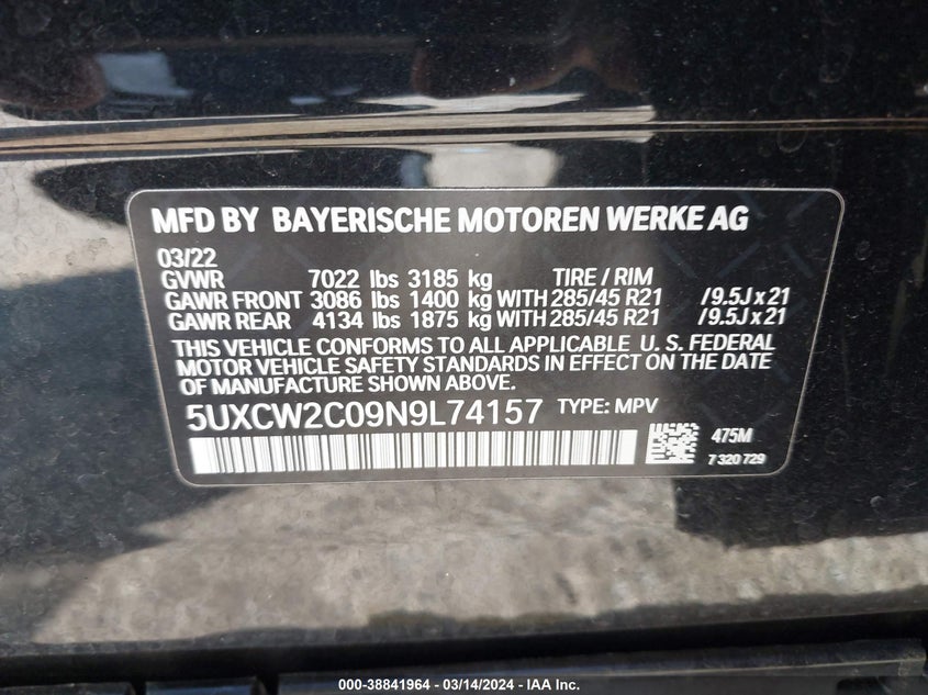VIN 5UXCW2C09N9L74157 2022 BMW X7 XDRIVE40I