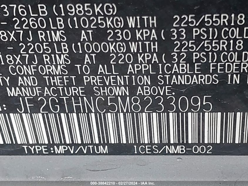 JF2GTHNC5M8233095 2021 Subaru Crosstrek Limited