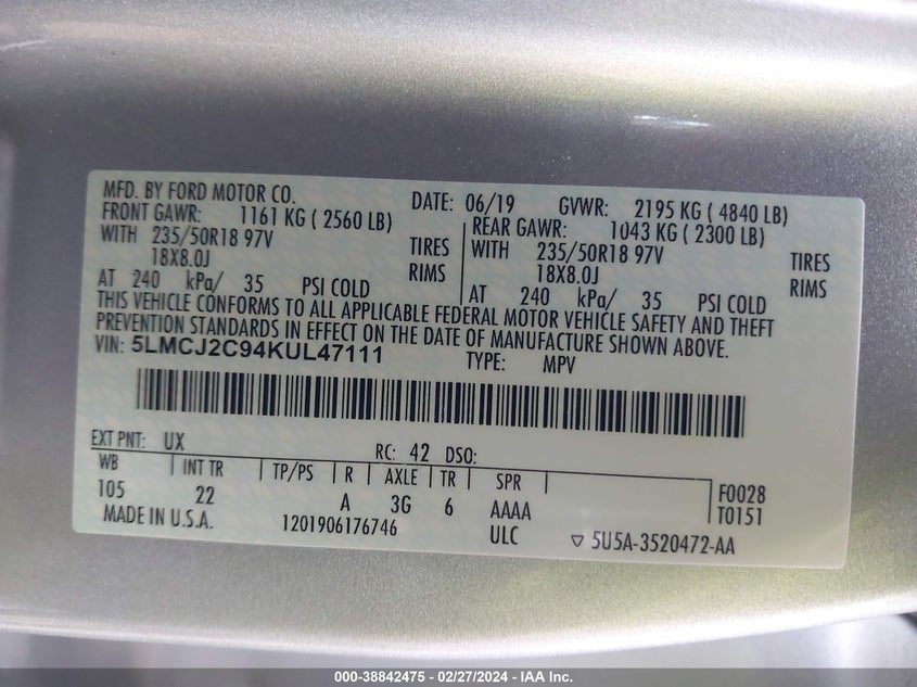 VIN 5LMCJ2C94KUL47111 2019 LINCOLN MKC SELECT