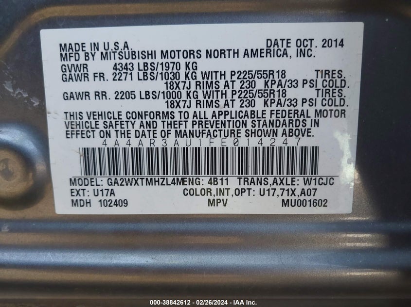 2015 MITSUBISHI OUTLANDER SPORT ES - 4A4AR3AU1FE014247