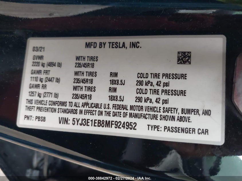 VIN 5YJ3E1EB8MF924952 2021 TESLA MODEL 3 LONG RANGE DUAL MOTOR ALL-WHEEL DRIVE