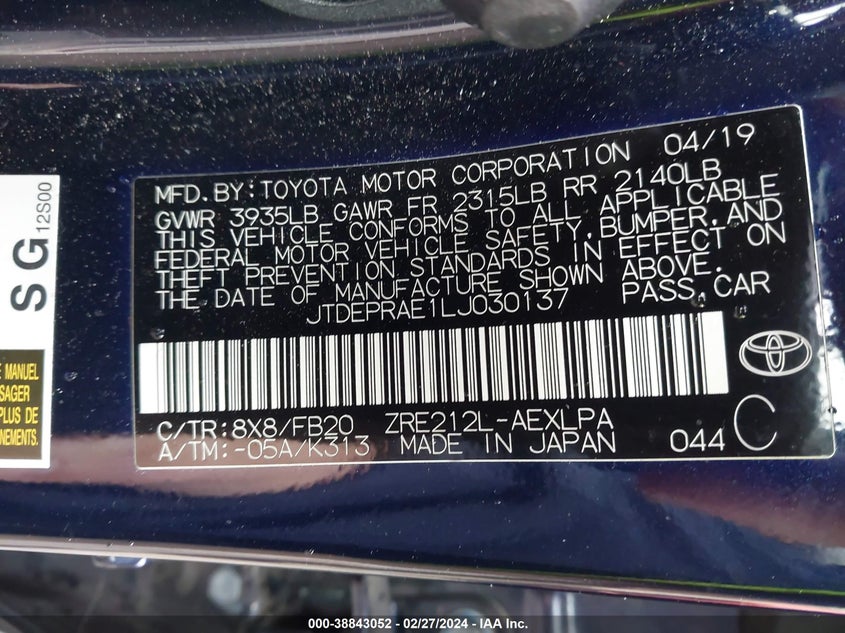 VIN JTDEPRAE1LJ030137 2020 TOYOTA COROLLA LE