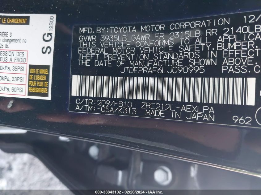 JTDEPRAE6LJ090995 2020 Toyota Corolla Le