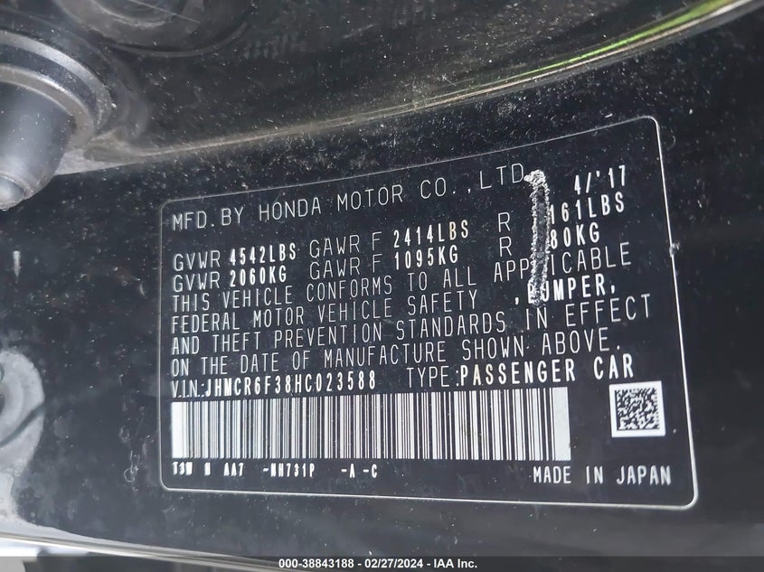 2017 HONDA ACCORD VIN: JHMCR6F38HC023588