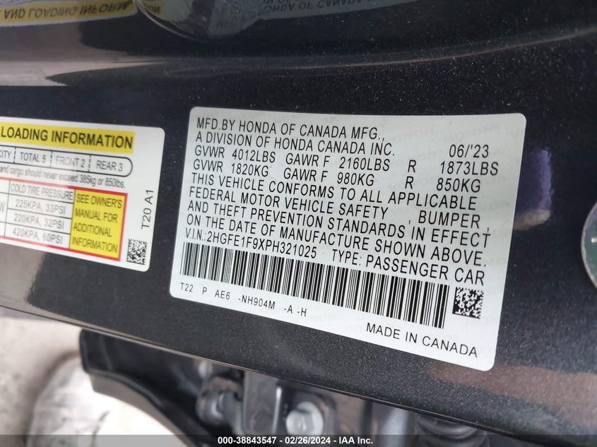VIN 2HGFE1F9XPH321025 2023 HONDA CIVIC TOURING