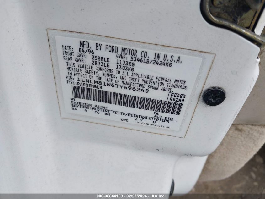 1996 Lincoln Town Car Executive VIN: 1LNLM81W6TY696240 Lot: 38844160