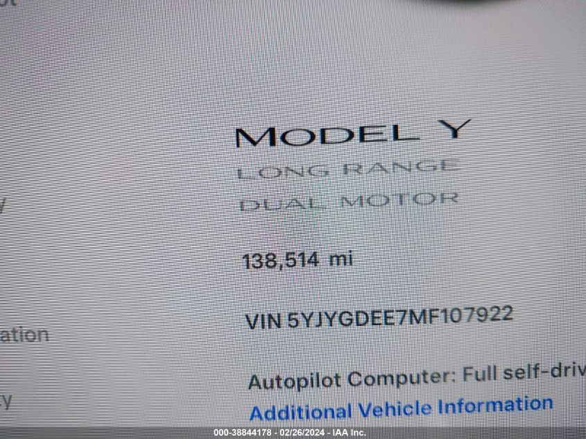 2021 Tesla Model Y Long Range Dual Motor All-Wheel Drive VIN: 5YJYGDEE7MF107922 Lot: 38844178