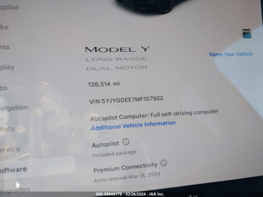 2021 Tesla Model Y Long Range Dual Motor All-Wheel Drive VIN: 5YJYGDEE7MF107922 Lot: 38844178