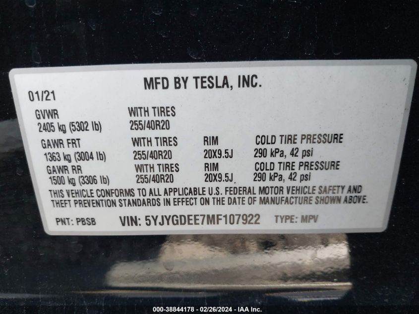 2021 Tesla Model Y Long Range Dual Motor All-Wheel Drive VIN: 5YJYGDEE7MF107922 Lot: 38844178