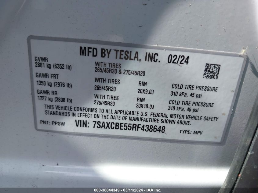 2024 Tesla Model X Long Range VIN: 7SAXCBE55RF438648 Lot: 38844349