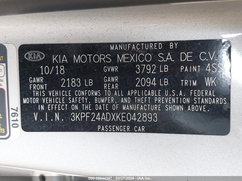 VIN 3KPF24ADXKE042893 2019 KIA FORTE LXS