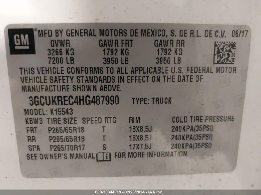 3GCUKREC4HG487990 | 2017 CHEVROLET SILVERADO 1500