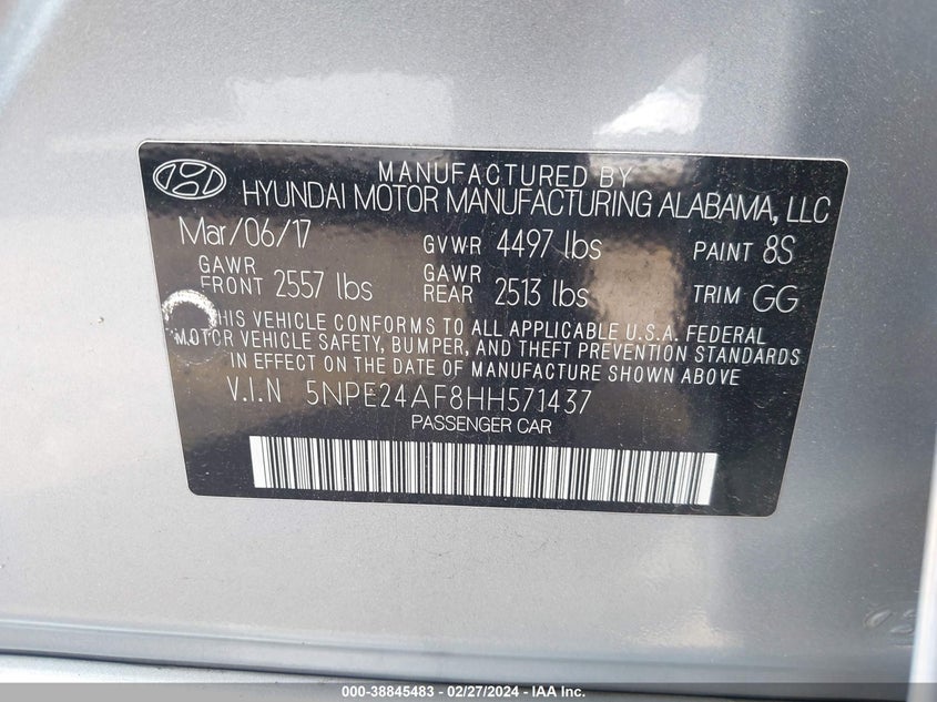 VIN 5NPE24AF8HH571437 2017 HYUNDAI SONATA SE