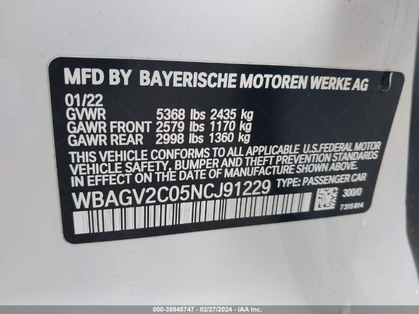 2022 BMW 840 GRAN COUPE I WBAGV2C05NCJ91229