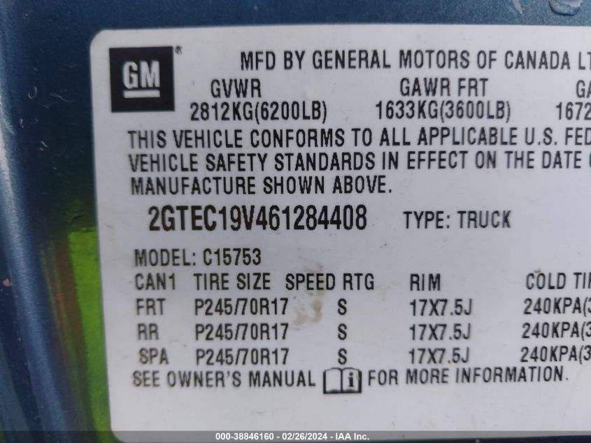 2006 GMC Sierra 1500 Sle1 VIN: 2GTEC19V461284408 Lot: 38846160