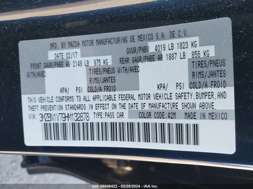 VIN 3MZBN1V79HM132878 2017 MAZDA MAZDA3 TOURING