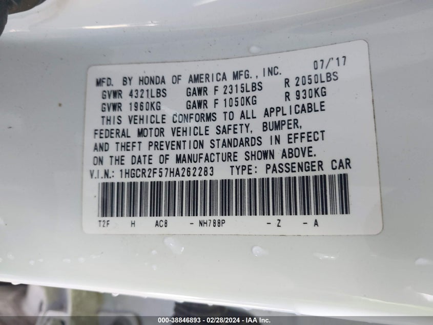 2017 HONDA ACCORD SPORT - 1HGCR2F57HA262283