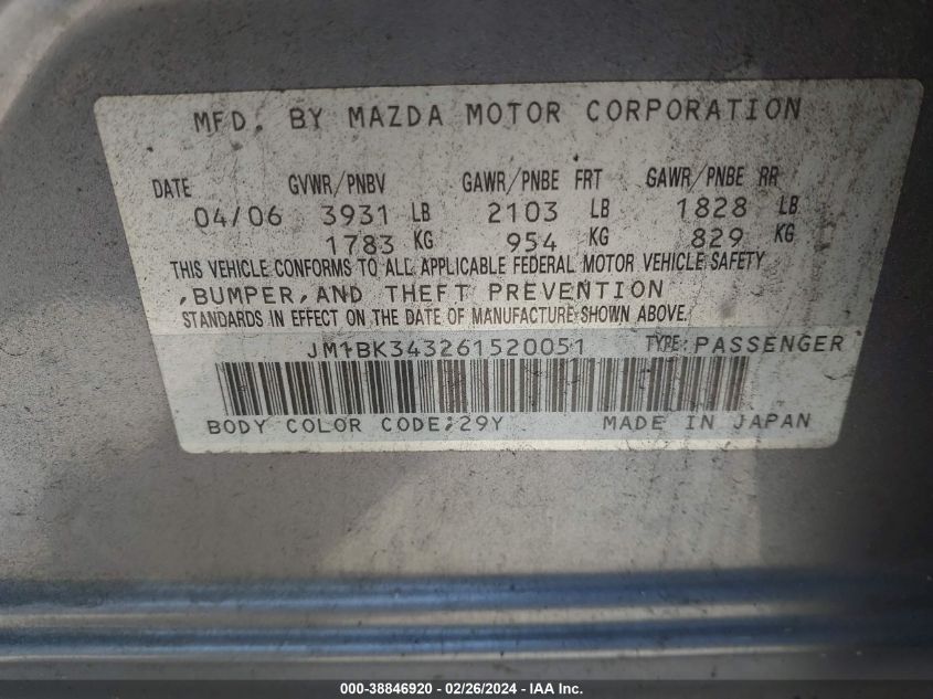 2006 Mazda Mazda3 S Grand Touring VIN: JM1BK343261520051 Lot: 38846920