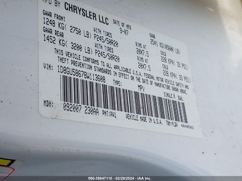 1D8GU58678W113608 2008 Dodge Nitro Slt/Rt