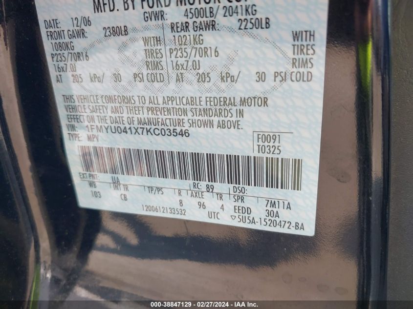 1FMYU041X7KC03546 2007 Ford Escape Limited