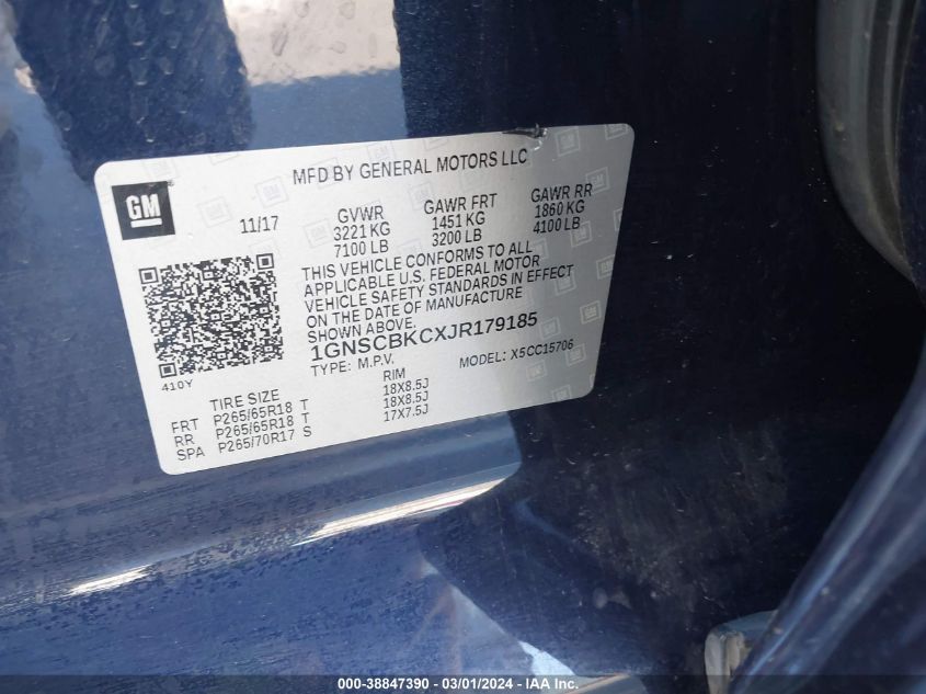 2018 CHEVROLET TAHOE C1500 LT - 1GNSCBKCXJR179185