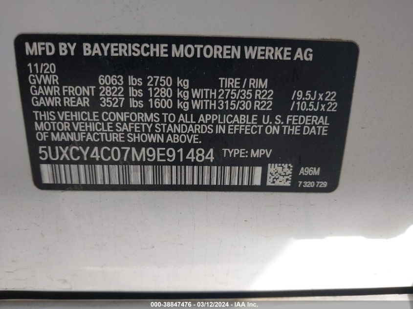 VIN 5UXCY4C07M9E91484 2021 BMW X6, Sdrive40I no.9