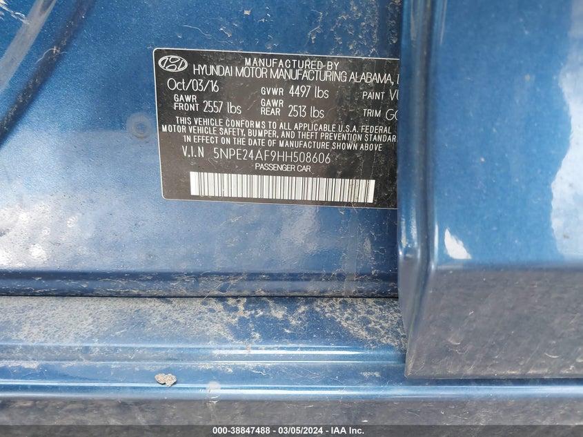 VIN 5NPE24AF9HH508606 2017 HYUNDAI SONATA SE