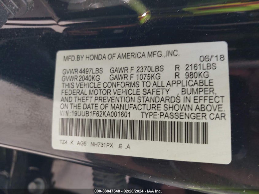 2019 ACURA TLX VIN: 19UUB1F62KA001601