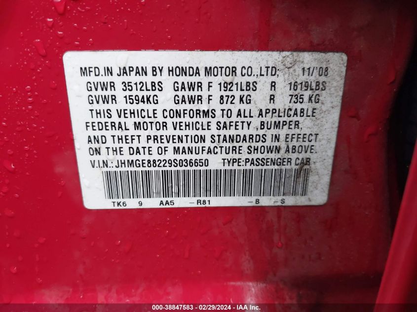 JHMGE88229S036650 2009 Honda Fit