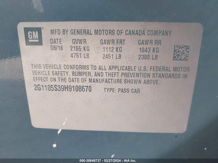 2017 CHEVROLET IMPALA 1LT - 2G1105S39H9108670