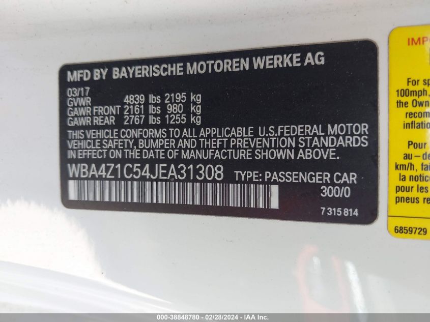 WBA4Z1C54JEA31308 2018 BMW 430I