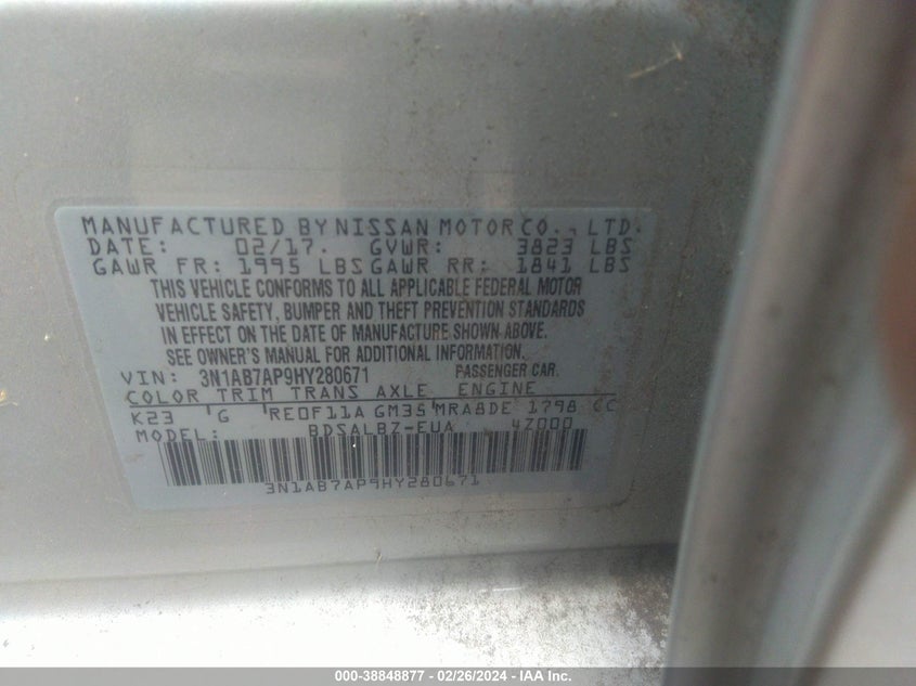 VIN 3N1AB7AP9HY280671 2017 NISSAN SENTRA S