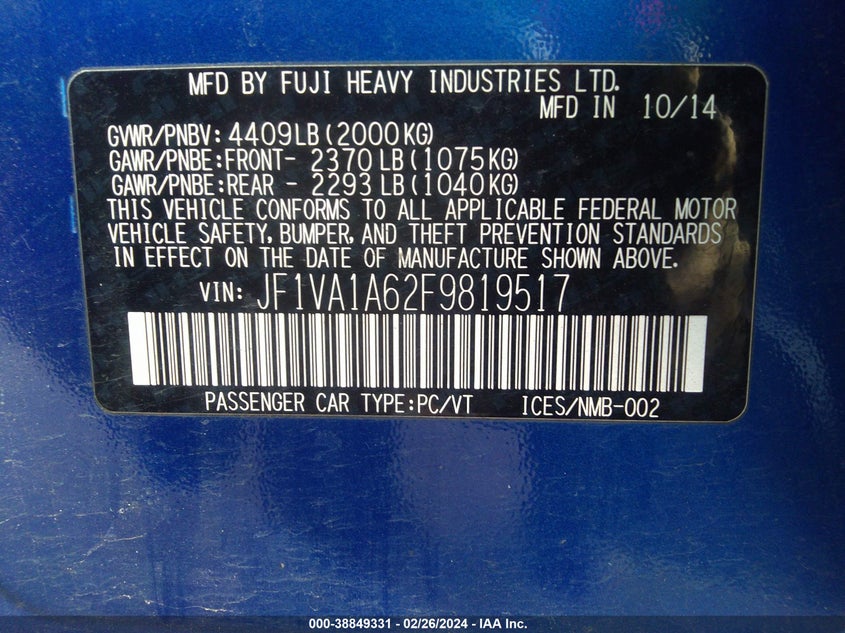 2015 SUBARU WRX - JF1VA1A62F9819517