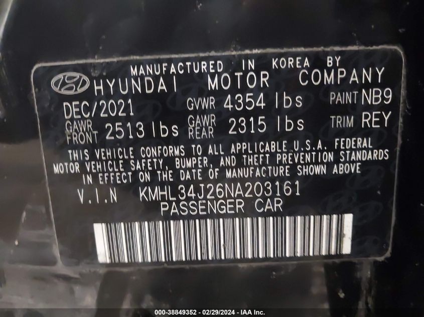 KMHL34J26NA203161 2022 Hyundai Sonata Limited