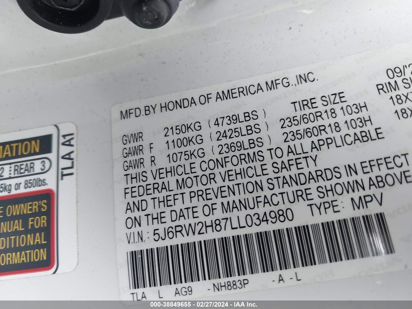 2020 HONDA CR-V EXL - 5J6RW2H87LL034980