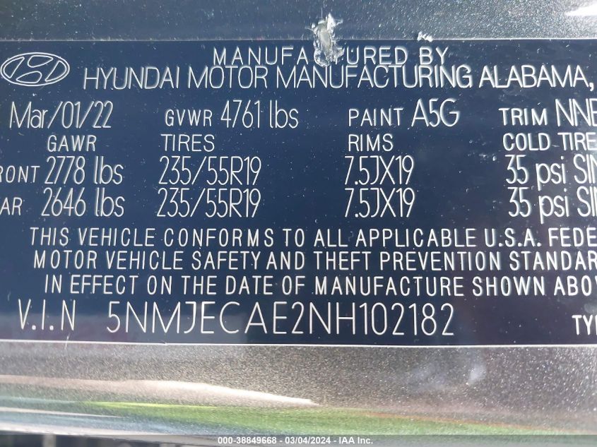 VIN 5NMJECAE2NH102182 2022 HYUNDAI TUCSON LIMITED