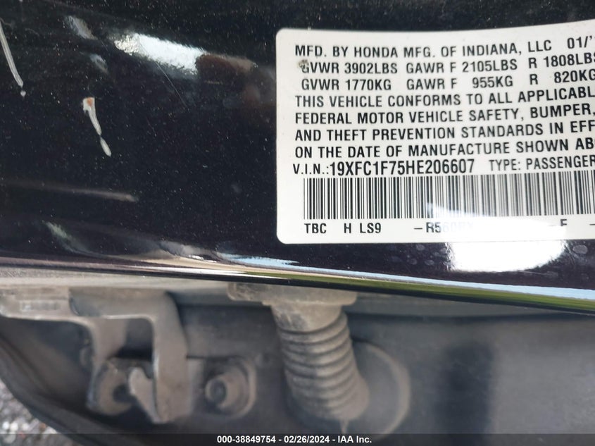 2017 HONDA CIVIC EX-L 19XFC1F75HE206607