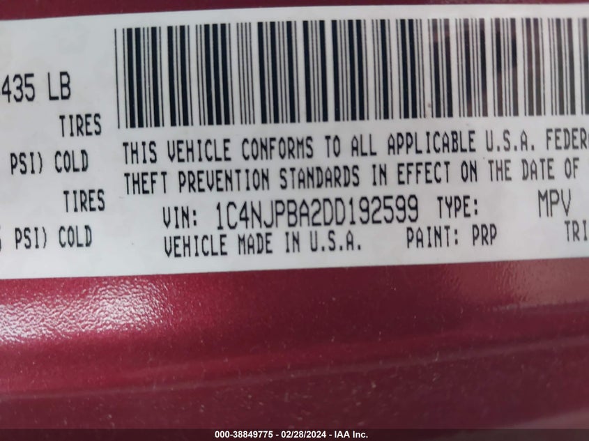 2013 JEEP PATRIOT SPORT - 1C4NJPBA2DD192599