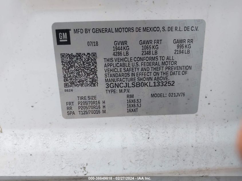 2019 Chevrolet Trax Lt VIN: 3GNCJLSB0KL133252 Lot: 38849818