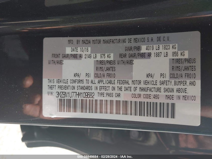 VIN 3MZBN1U77HM109682 2017 MAZDA MAZDA3 SPORT