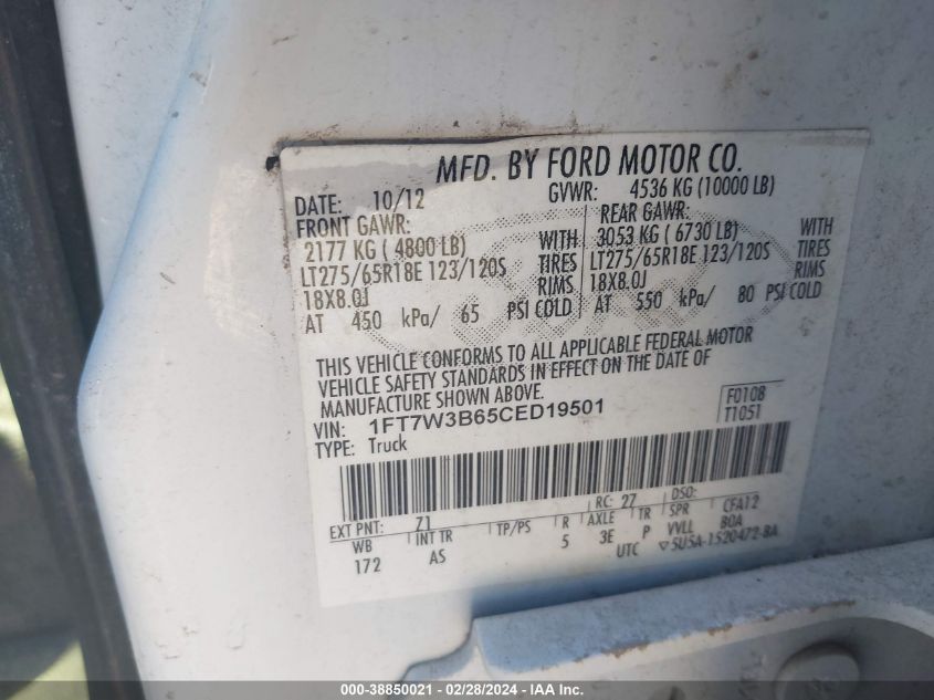 2012 Ford F-350 VIN: 1FT7W3B65CED19501 Lot: 38850021
