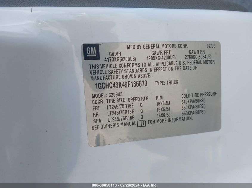2009 Chevrolet Silverado 2500Hd VIN: 1GCHC43K49F136673 Lot: 38850113