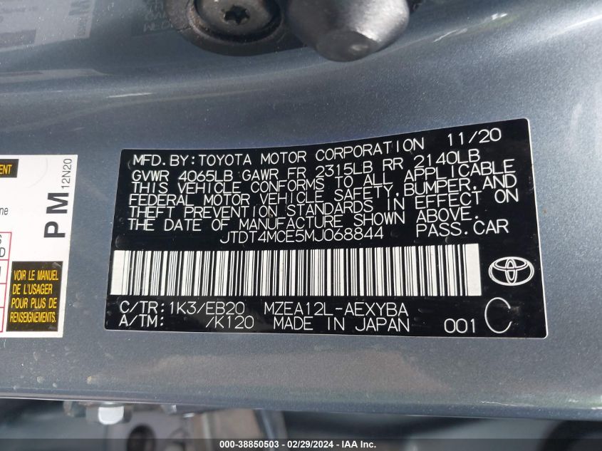 2021 Toyota Avalon Hybrid Xle VIN: JTDT4MCE5MJ068844 Lot: 38850503