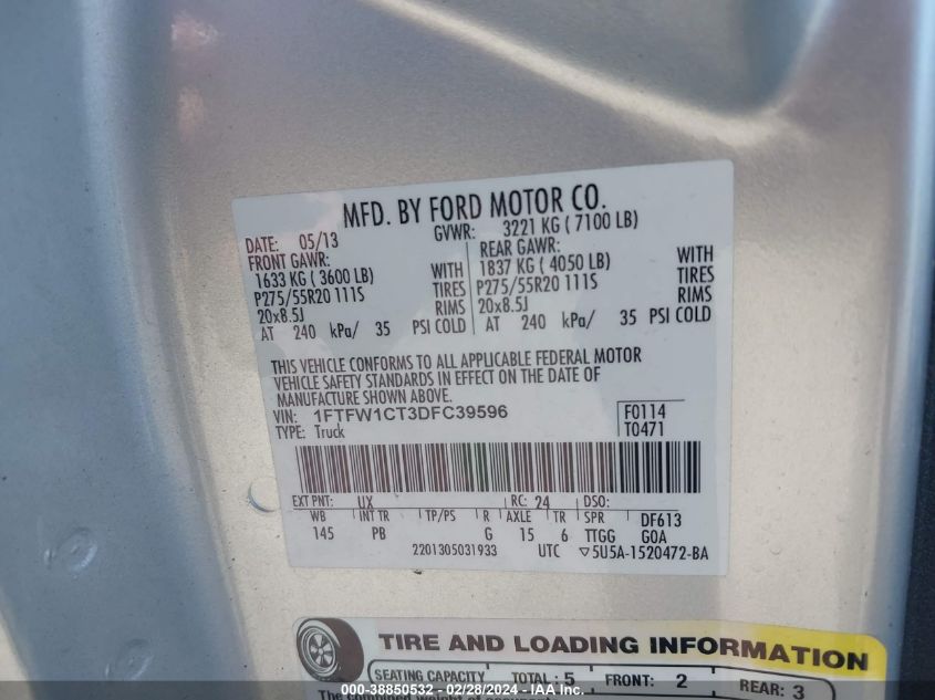 2013 Ford F-150 Platinum VIN: 1FTFW1CT3DFC39596 Lot: 38850532
