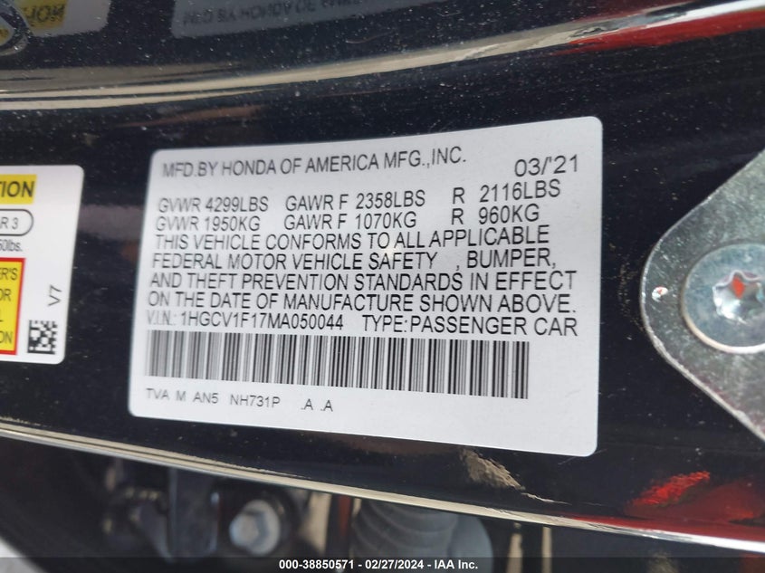 VIN 1HGCV1F17MA050044 2021 HONDA ACCORD LX